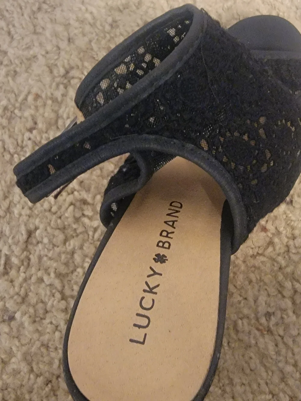 Lucky Brand Black Crochet Cork Wedge Sandals
